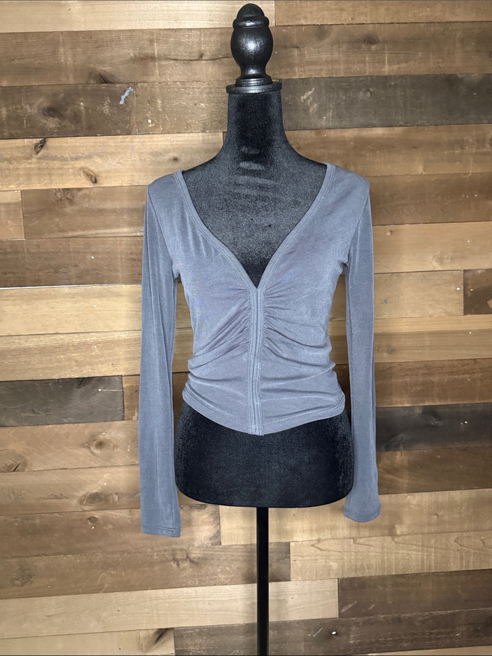 Urban Outfitters Gray Ruched V-Neck Long Sleeve Top